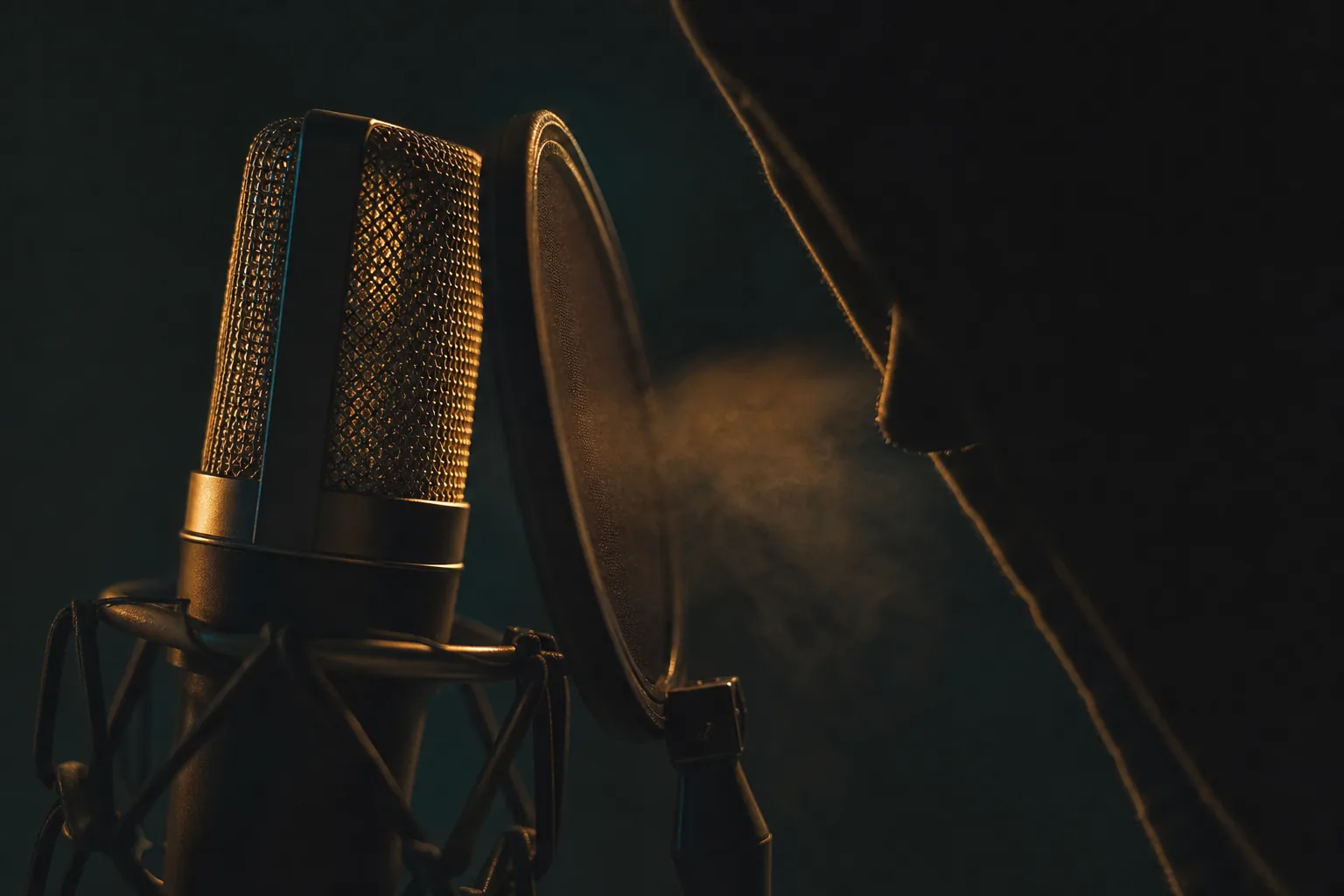 AI ASMR video idea — extreme close-up of a studio condenser microphone with mesh pop filter, a hooded silhouette leaning in, warm amber rim light