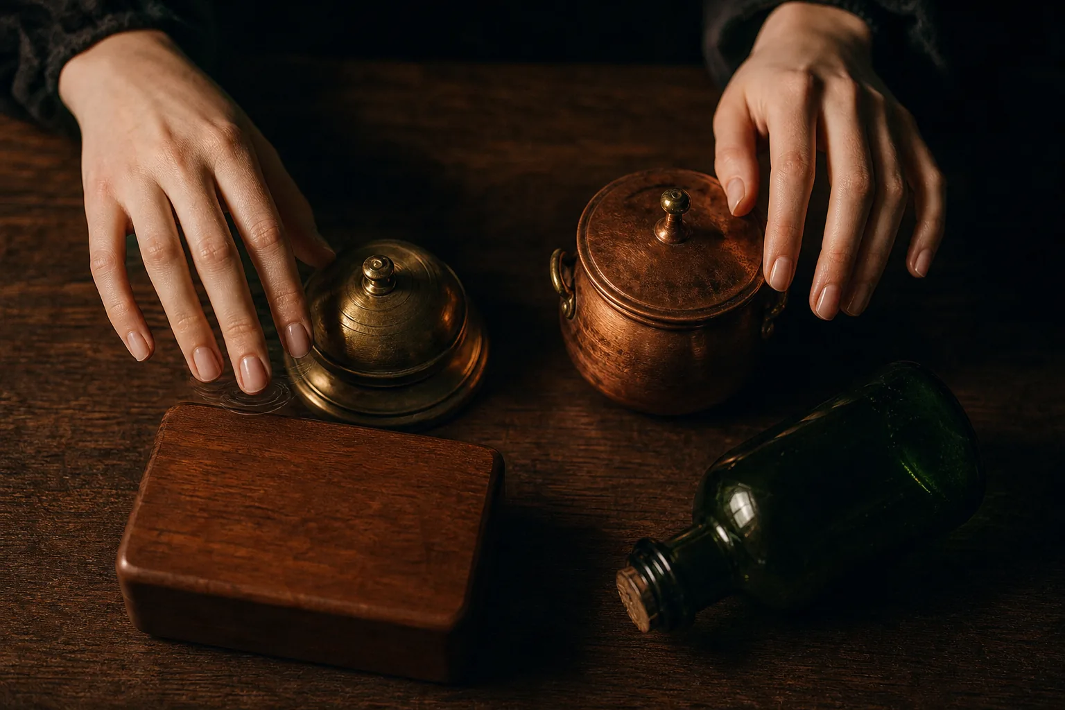 AI ASMR video idea — slender fingers tapping a small brass bell, copper pot, wooden box and green glass bottle on a dark walnut table under warm amber light