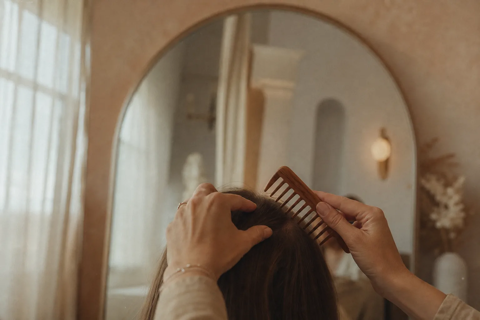 AI ASMR video idea — first-person POV of a salon mirror as a stylist's hands part hair with a wide-tooth wooden comb in warm peach daylight
