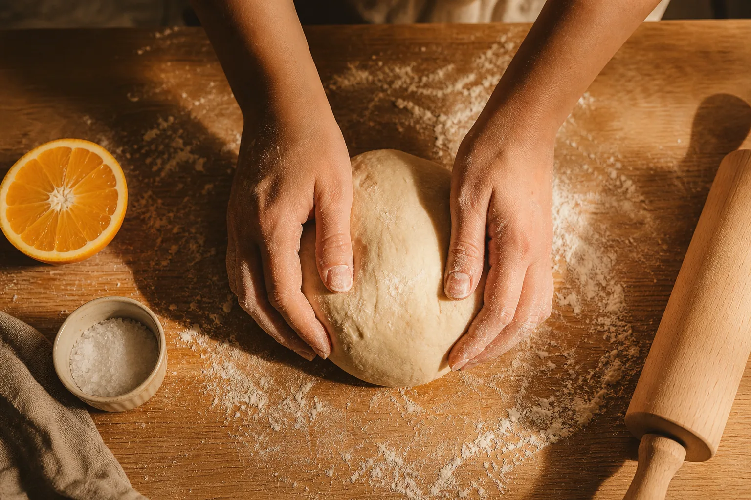 AI ASMR video idea — overhead view of bare hands kneading dough on a flour-dusted oak board, a halved orange and a small ramekin of sea salt nearby