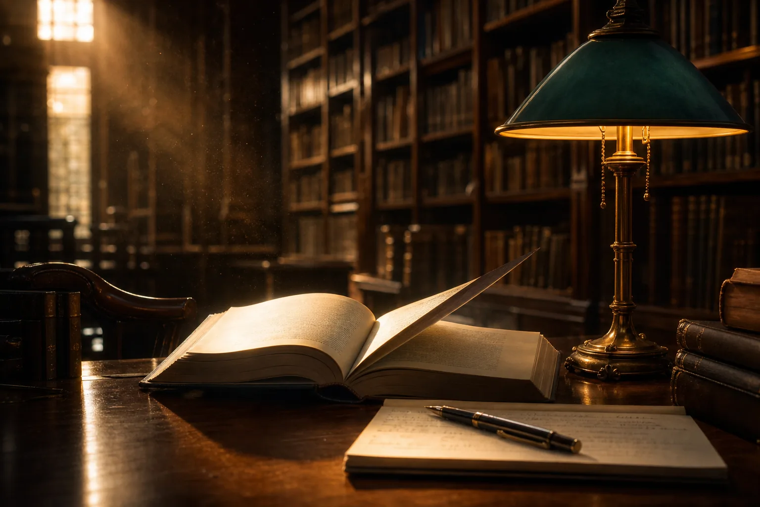 AI ASMR video idea — quiet vintage library reading table with an open hardcover book, a fountain pen on a half-filled notebook, dust motes in a beam of low sunlight