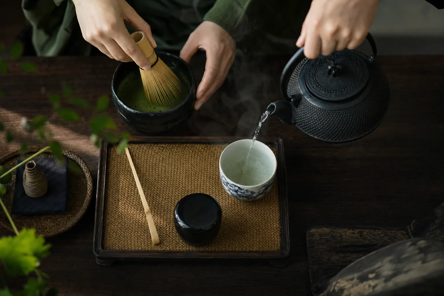 AI ASMR video idea — overhead view of a Japanese tea ceremony with matcha being whisked in a black chawan and water poured from a cast-iron tetsubin