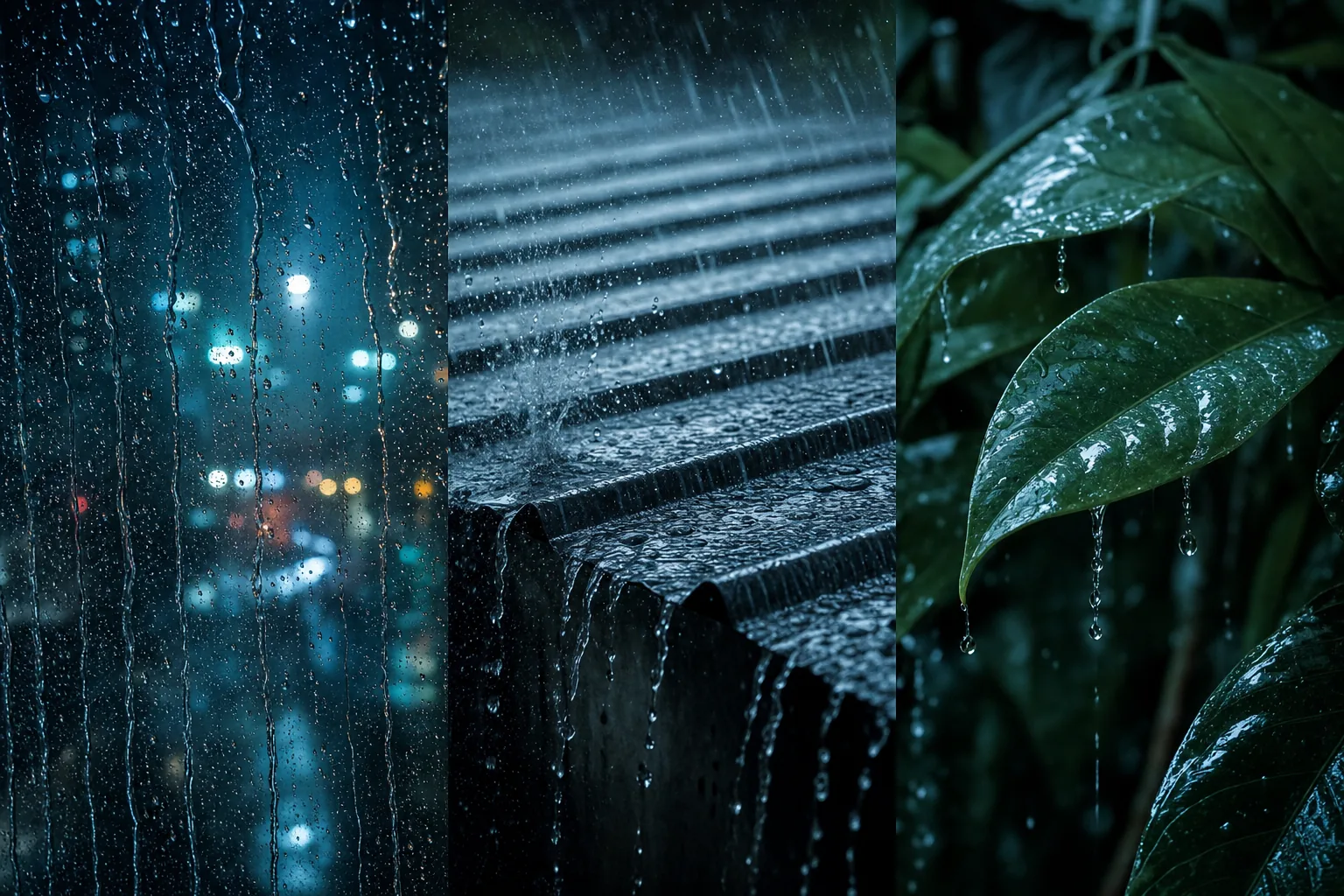 AI ASMR video idea — triptych of rain on a city window pane, on a corrugated metal roof, and on broad green tropical leaves at night