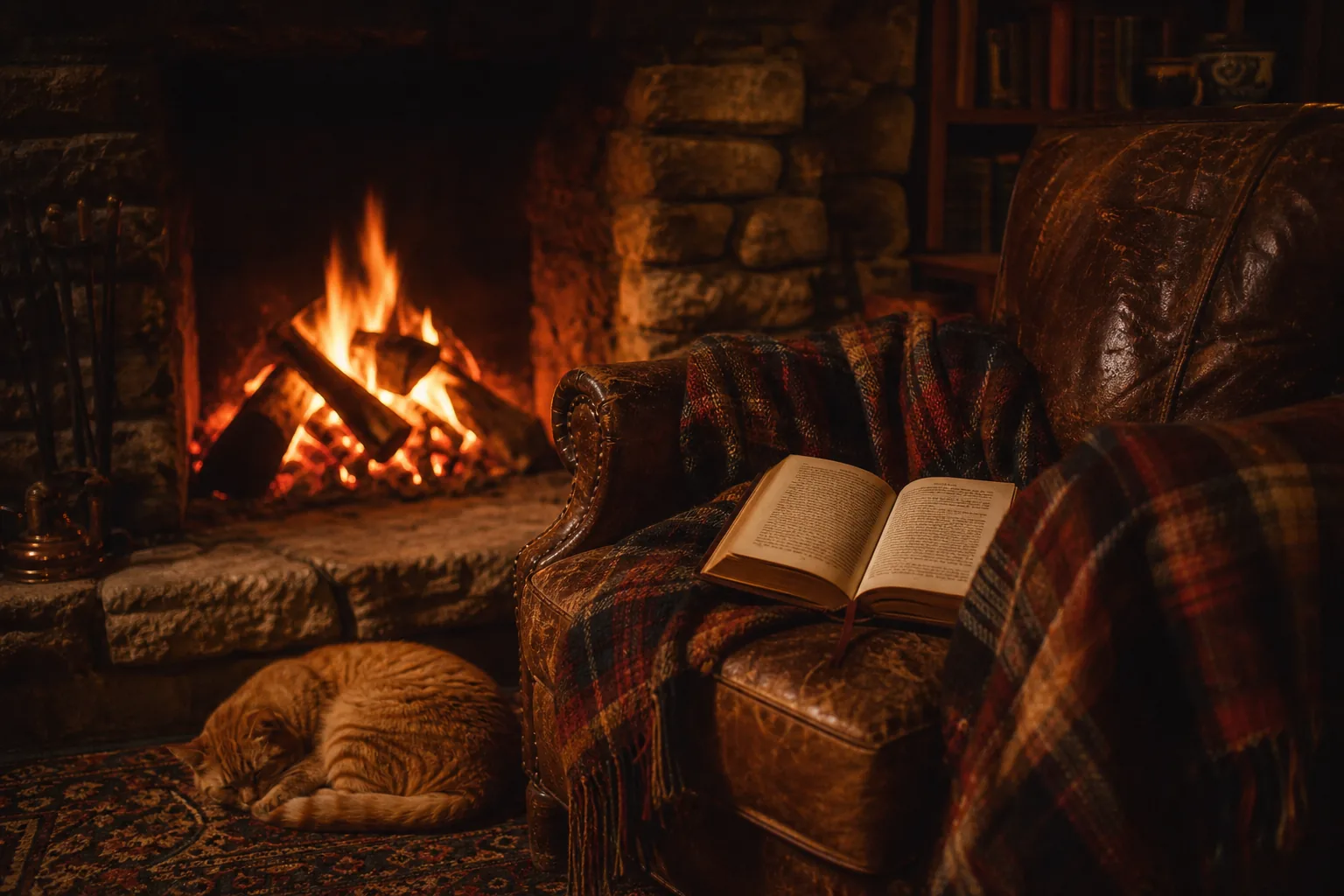AI ASMR video idea — stone fireplace at night with crackling logs, an open book and tartan blanket on a leather armchair, a ginger tabby cat sleeping on the rug