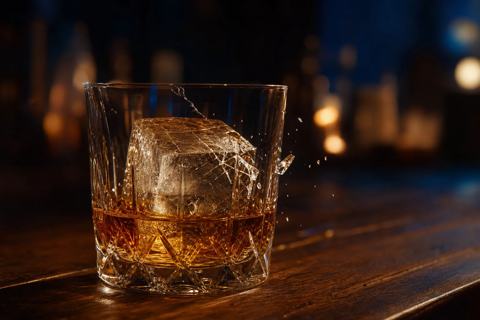 AI ASMR video idea — crystal whiskey tumbler holding a fractured ice cube and amber whiskey on a dark walnut bar top