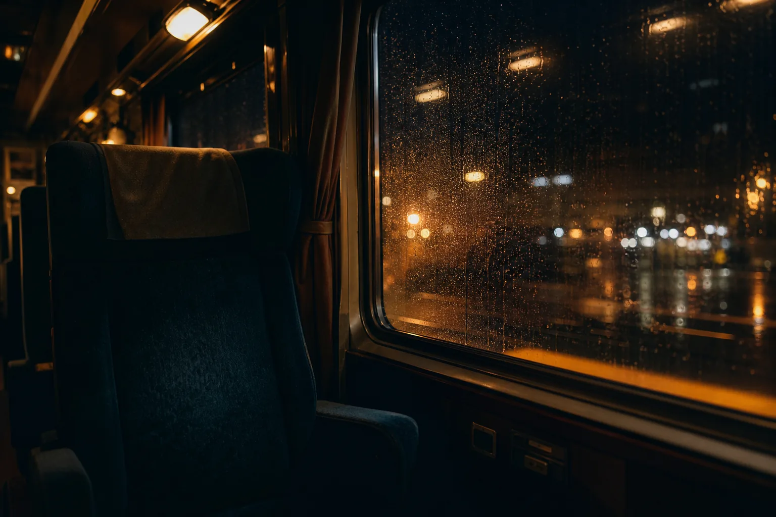 AI ASMR video idea — interior of a night train carriage looking past a window seat at rain-streaked windows and passing amber city lights
