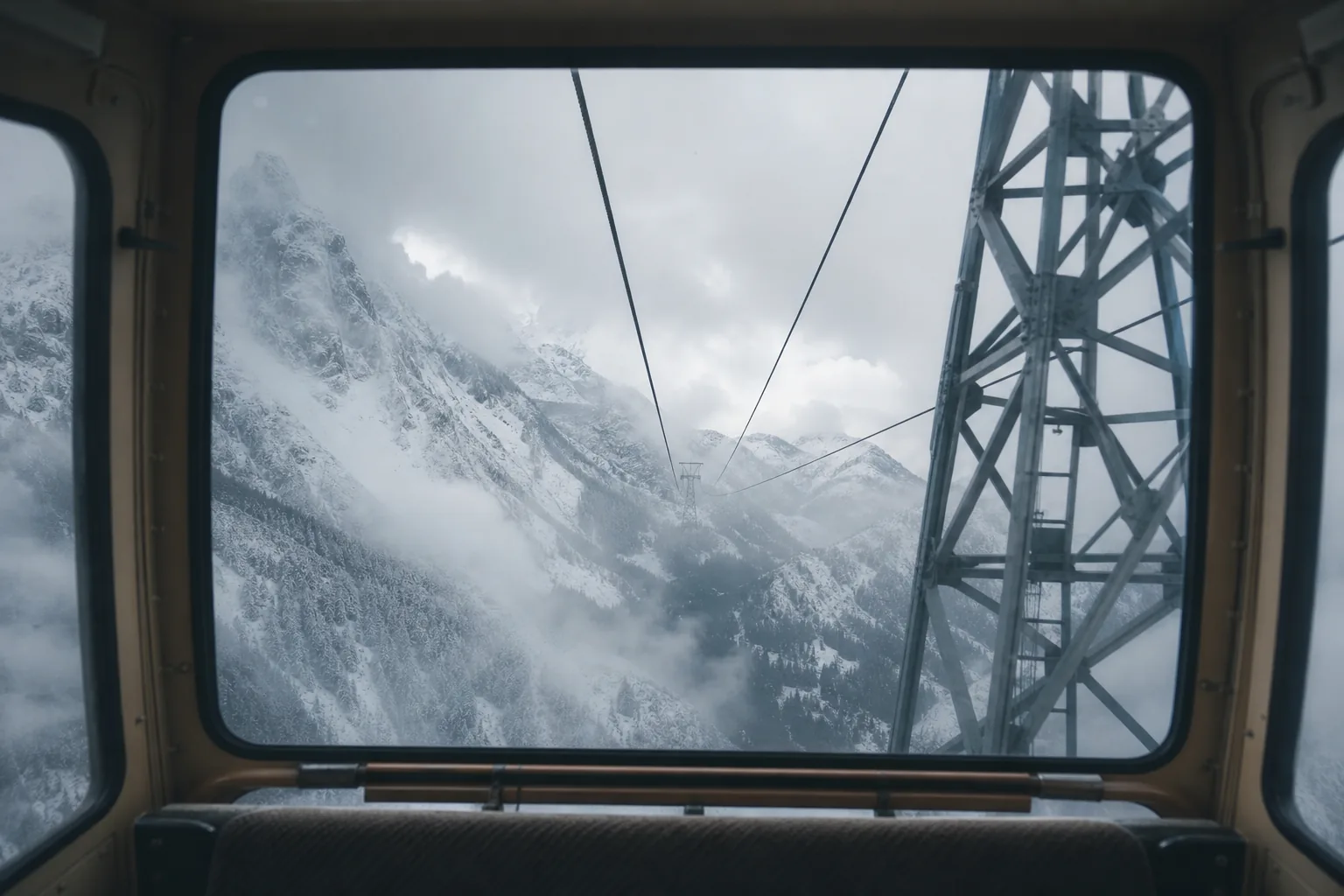 AI ASMR video idea — POV from inside a small cable car gondola looking out at misty snow-covered alpine mountains and a passing steel support tower
