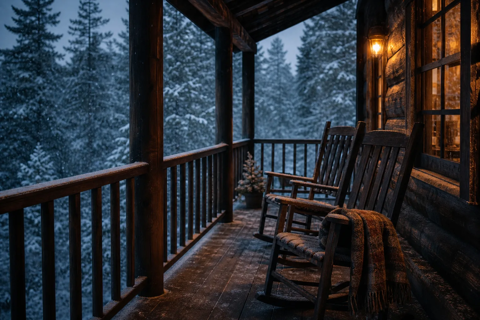 AI ASMR video idea — wooden cabin porch looking out at a snow-dusted pine forest at dusk, two empty rocking chairs and a folded wool blanket