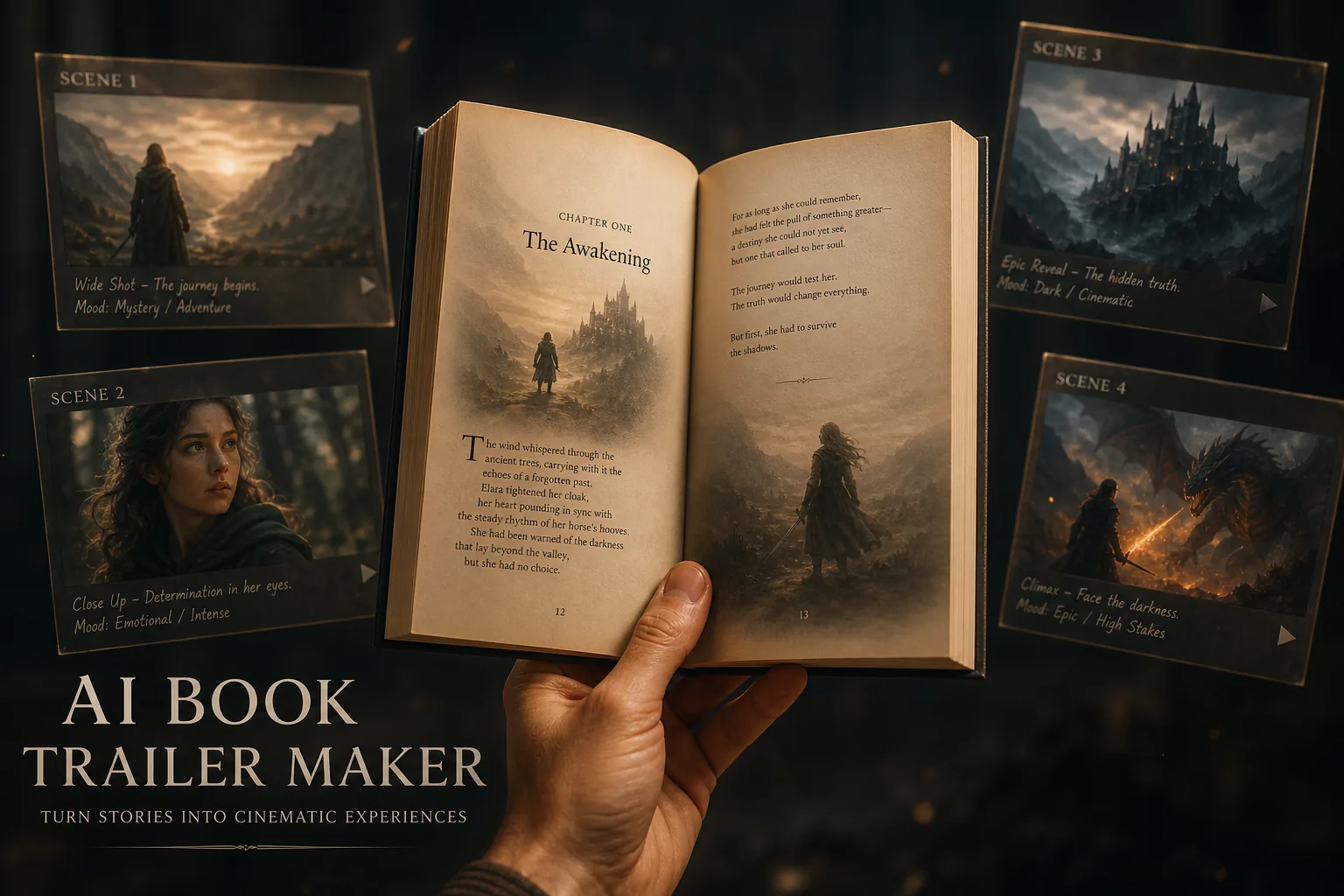 AI book trailer maker — cinematic still of a hand holding a paperback as a four-shot trailer storyboard fans out behind it