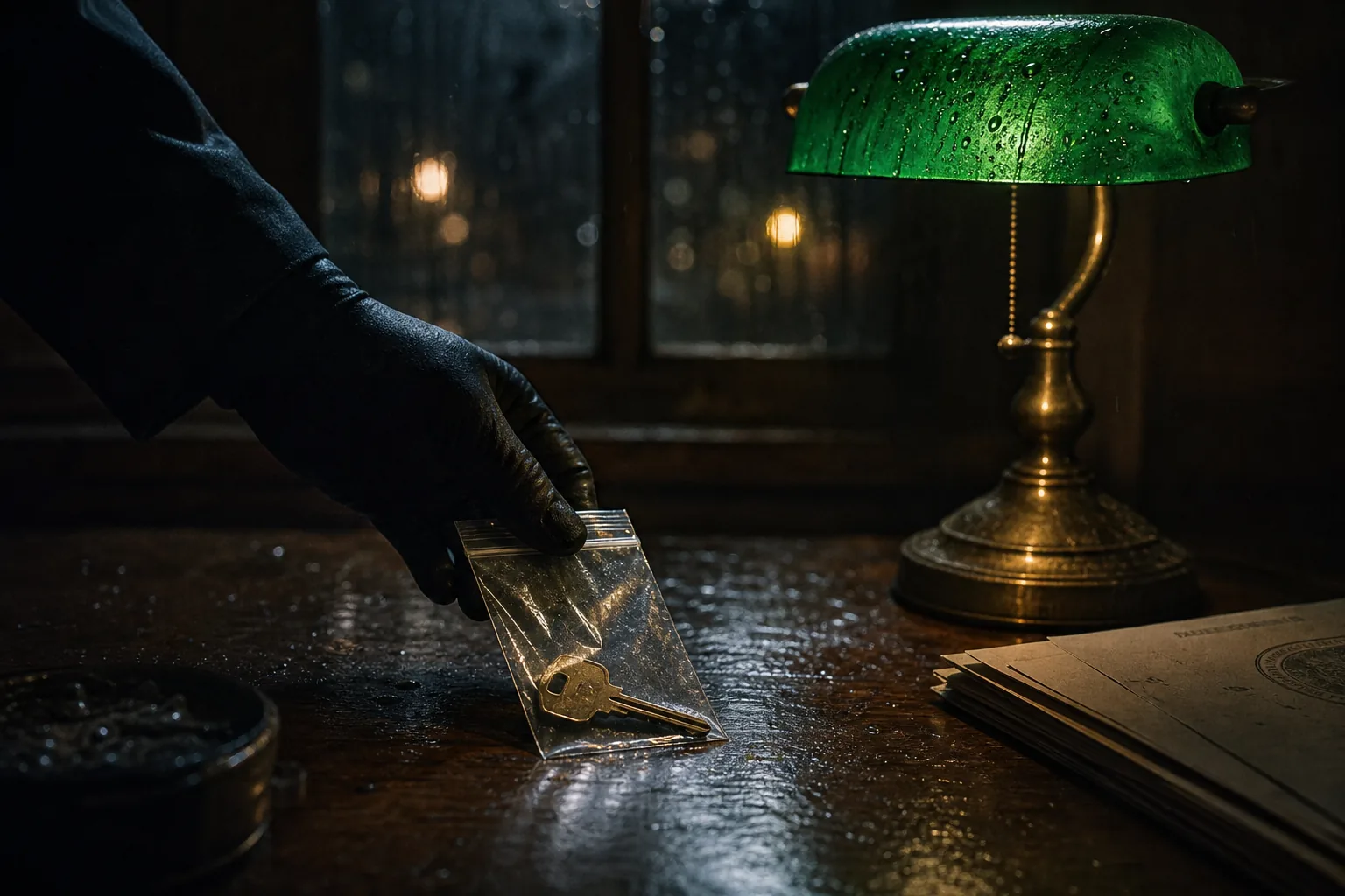 Book trailer formula for mystery — a gloved hand placing a small evidence bag containing a single brass key on a rain-streaked desk under a green banker's lamp