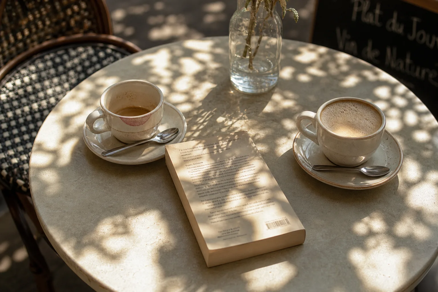 Book trailer formula for romance — two coffee cups on a sunlit café table, one half-drunk, one untouched, a paperback novel laid facedown between them