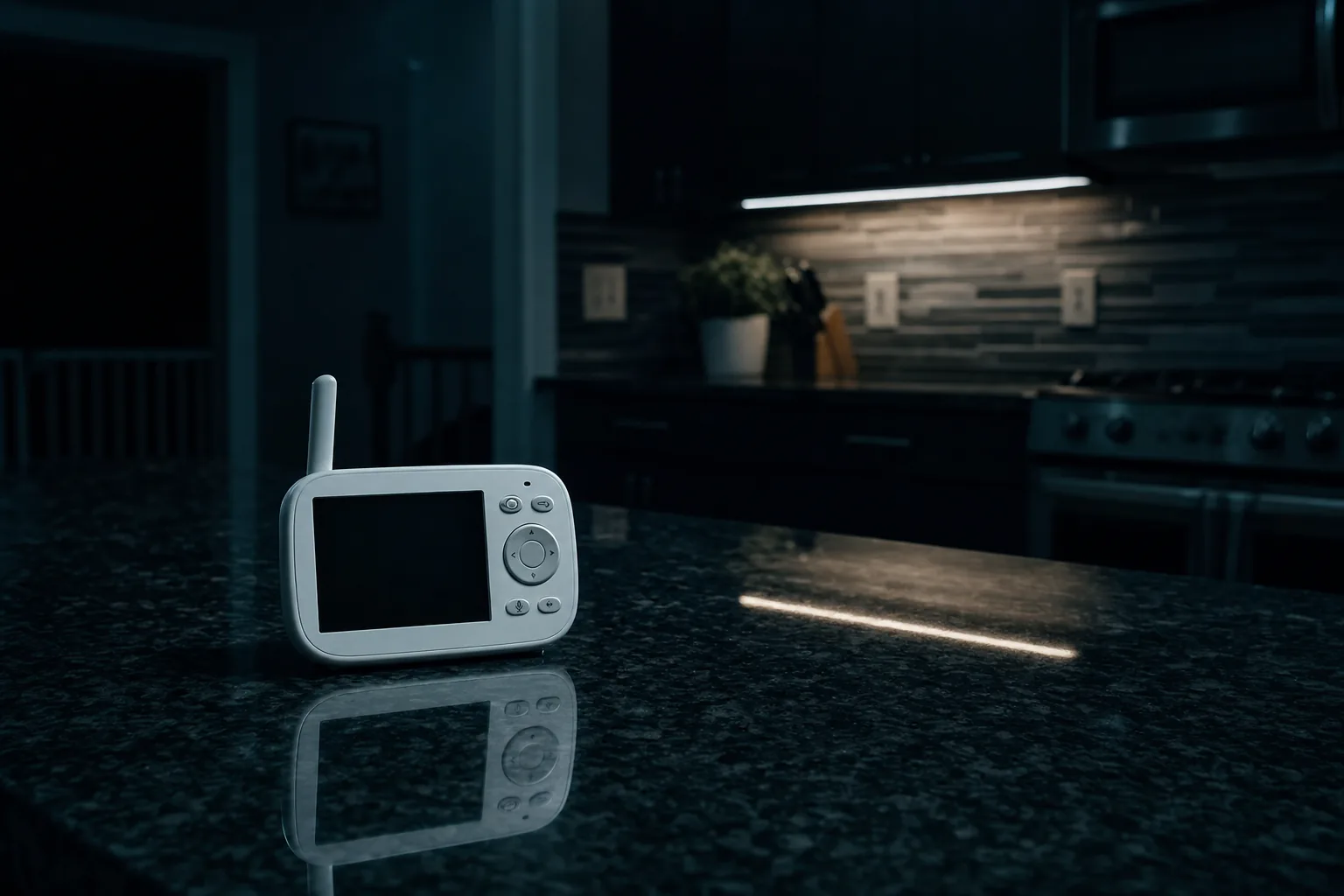 Book trailer formula for thriller — a baby monitor on a granite kitchen counter at 2 AM, screen blank, the kitchen lit only by under-cabinet LEDs