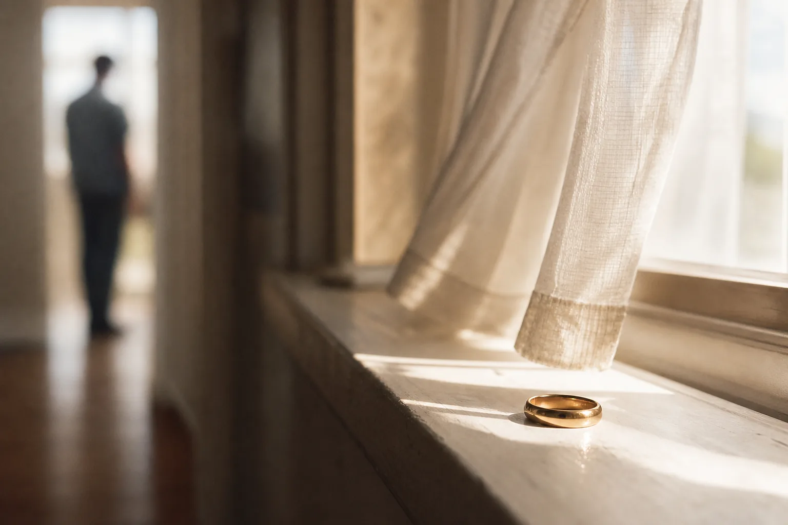 Book trailer formula for literary fiction — a wedding ring laid on a sunlit windowsill, an out-of-focus figure standing in a doorway behind it