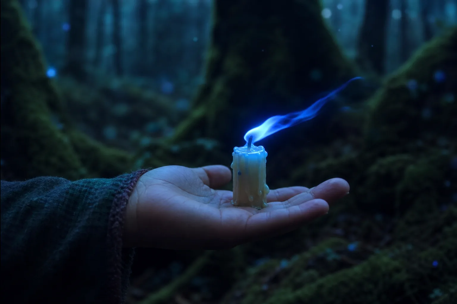 Book trailer formula for fantasy — a child's open palm with a single blue candle balanced upright on it, the flame burning sideways with no wind