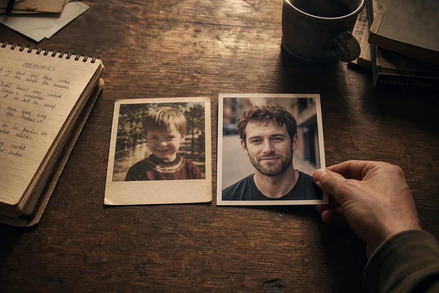 Book trailer formula for memoir — two photographs of the same person, one from childhood and one from this year, laid side by side on a wooden desk by a hand holding the second one