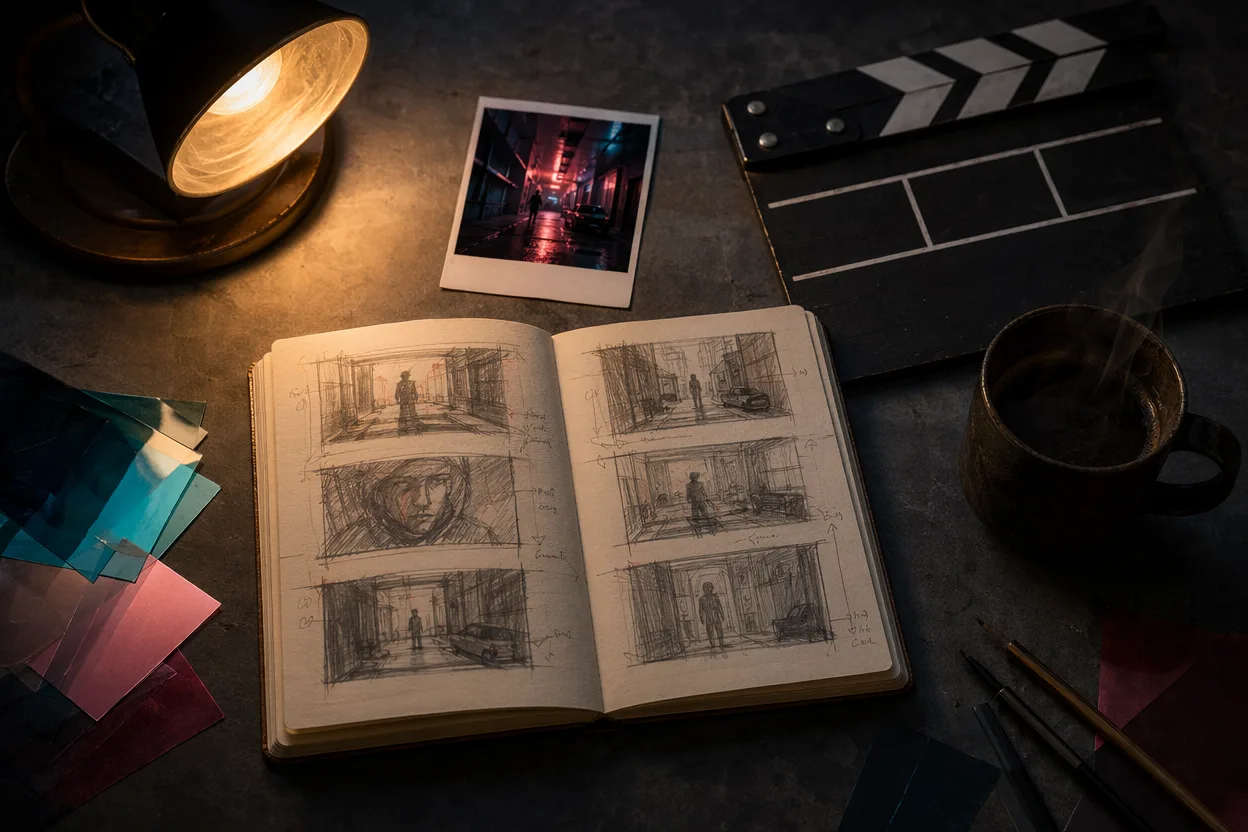 AI video prompts — overhead storyboard desk flat-lay with a clapperboard, a polaroid of a neon alley, sketched scene frames, and a steaming mug under amber lamp light