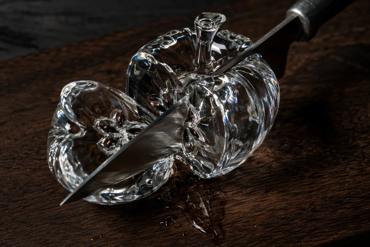 俯拍微距:一柄厨刀正在橡木砧板上切一只透明玻璃苹果,AI 视频提示词的 ASMR 循环画面