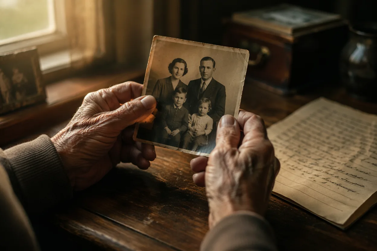 Father's day video idea — a grown child's hands holding an old photo of their father, warm window light, a handwritten letter on the table