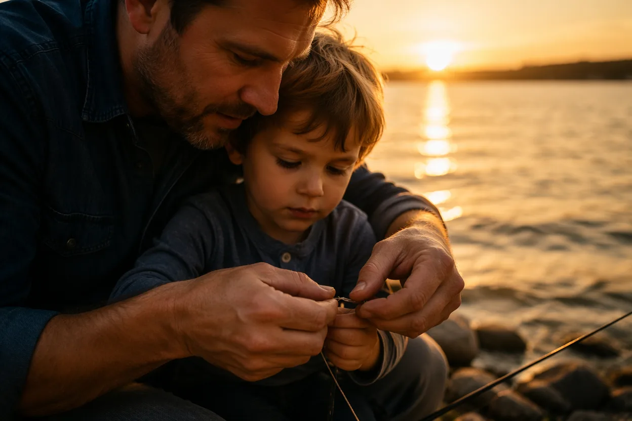 Father's day video idea — a father's hands teaching a child's hands to tie a fishing knot at the edge of a lake at golden hour