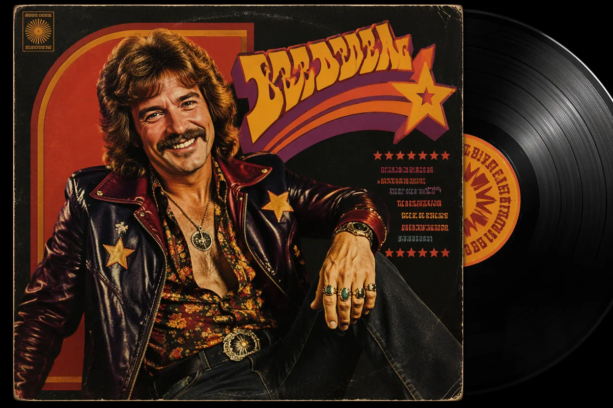 Father's day video idea — a vinyl record sleeve mockup titled DAD'S GREATEST HITS with a smiling middle-aged man on the cover, retro album-cover styling