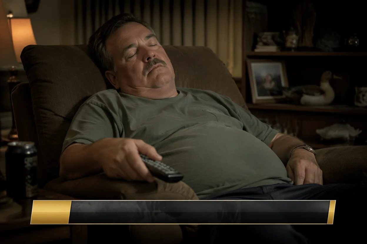 Father's day video idea — a nature-documentary style shot of a man asleep in a recliner with a TV remote, framed like wildlife footage with a subtle caption bar