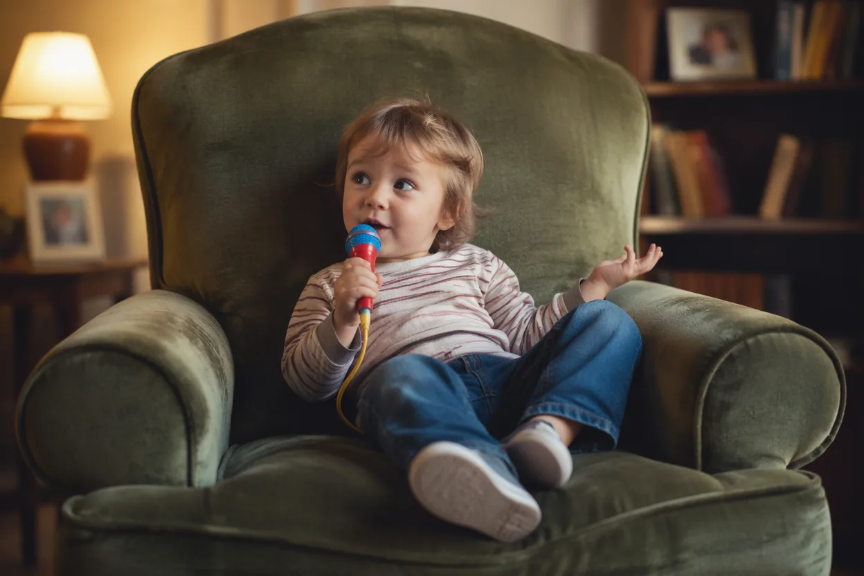 Father's day video idea — a young child sitting in a big armchair being interviewed, holding a toy microphone, soft home lighting