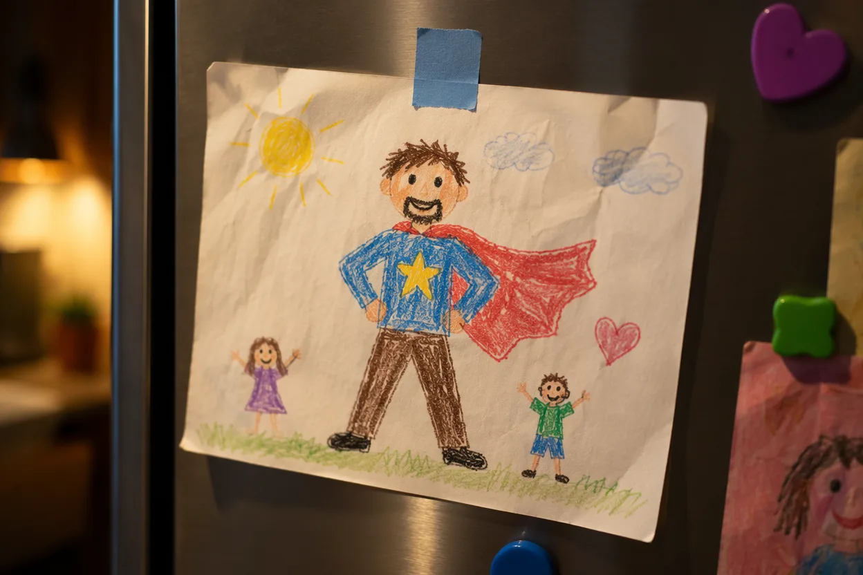 Father's day video idea — a child's crayon drawing of a dad in a superhero cape taped to a refrigerator, warm kitchen light