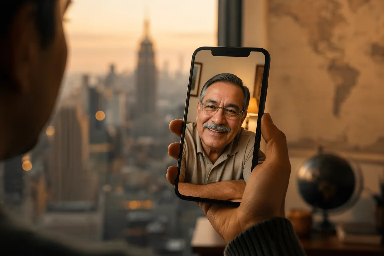 Father's day video idea — a phone screen showing a video call with a smiling older father, a world map and city skyline softly blurred behind it