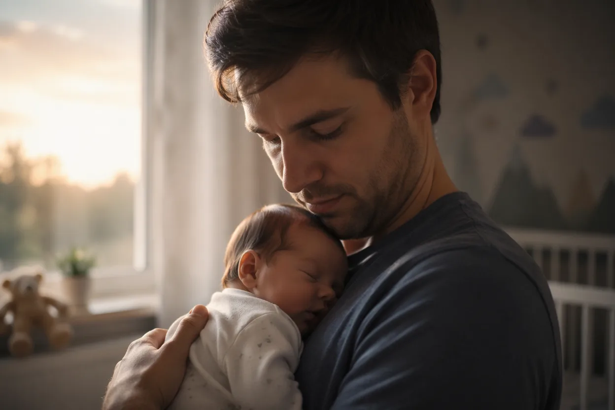 Father's day video idea — a new father holding a sleeping newborn against his chest at dawn, soft light through a nursery window