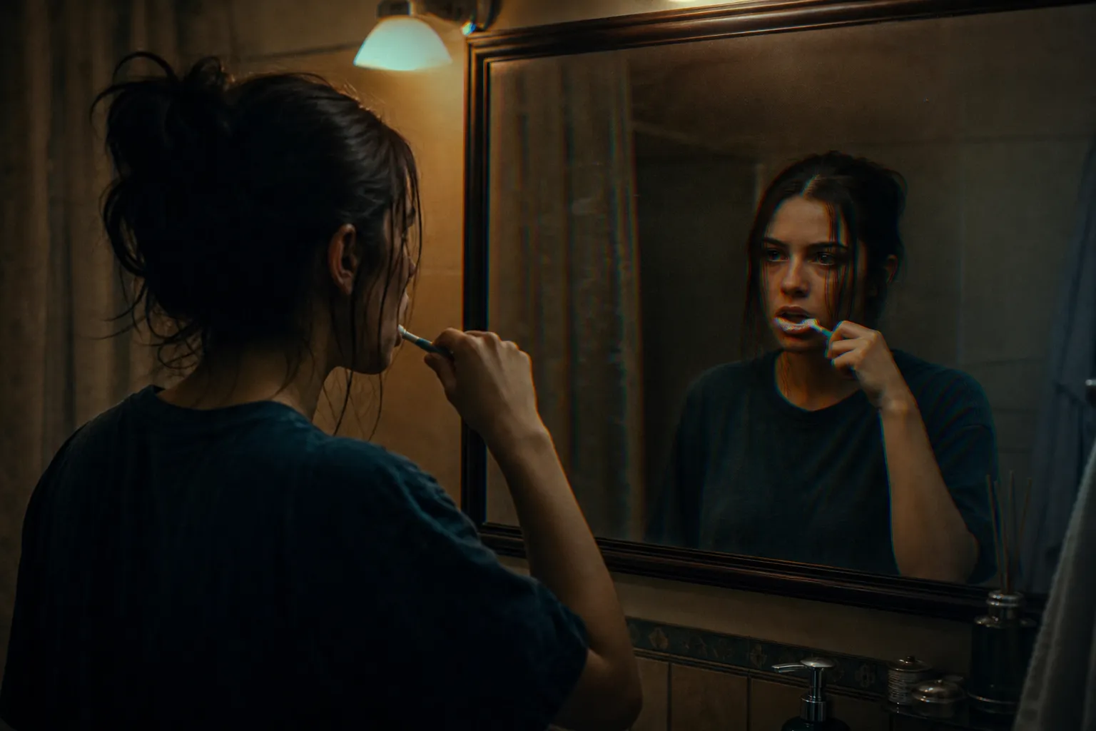 Horror story idea — woman at a bathroom mirror brushing her teeth, her reflection's hand half a second behind her own