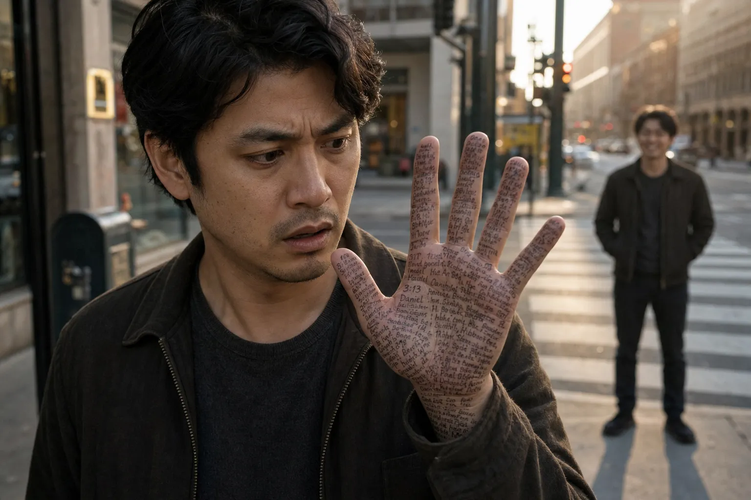 Horror story idea — man at a downtown crosswalk at 3:13 PM, palm covered in ballpoint notes, an identical version of himself smiling from across the street