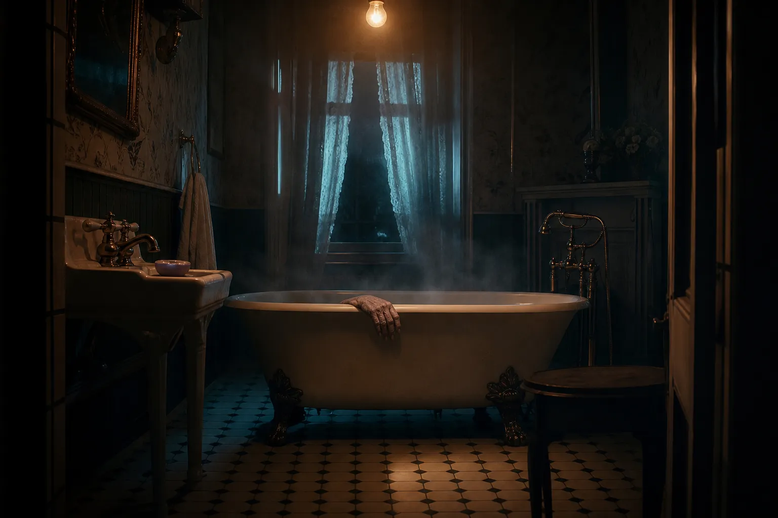 Horror story idea — Victorian clawfoot bathtub filled with steaming water at night, a single wrinkled hand resting on the porcelain rim