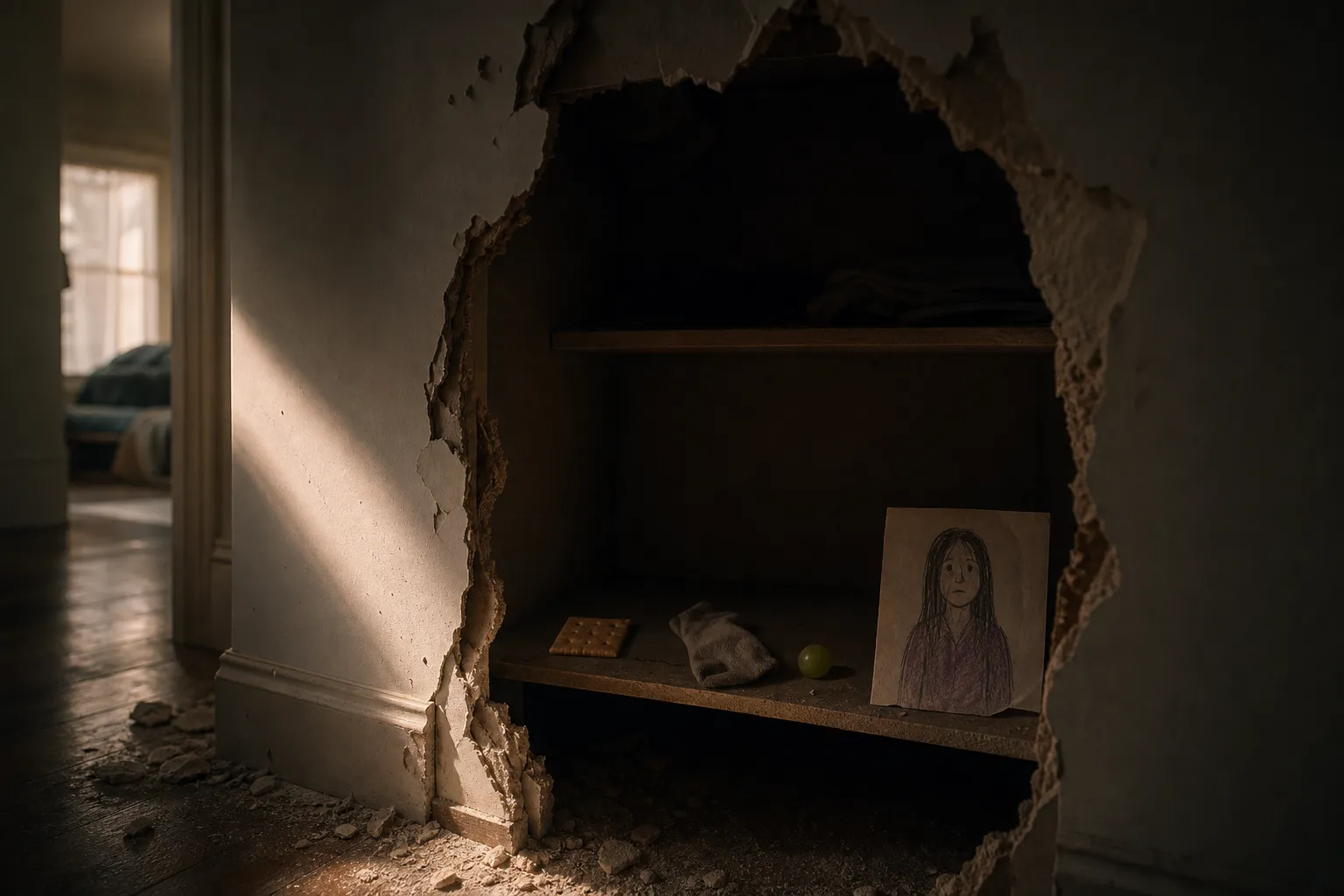 Horror story idea — hidden dark closet revealed behind drywall, a child's pile of cracker, sock, grape and a drawing of an adult woman on the bottom shelf