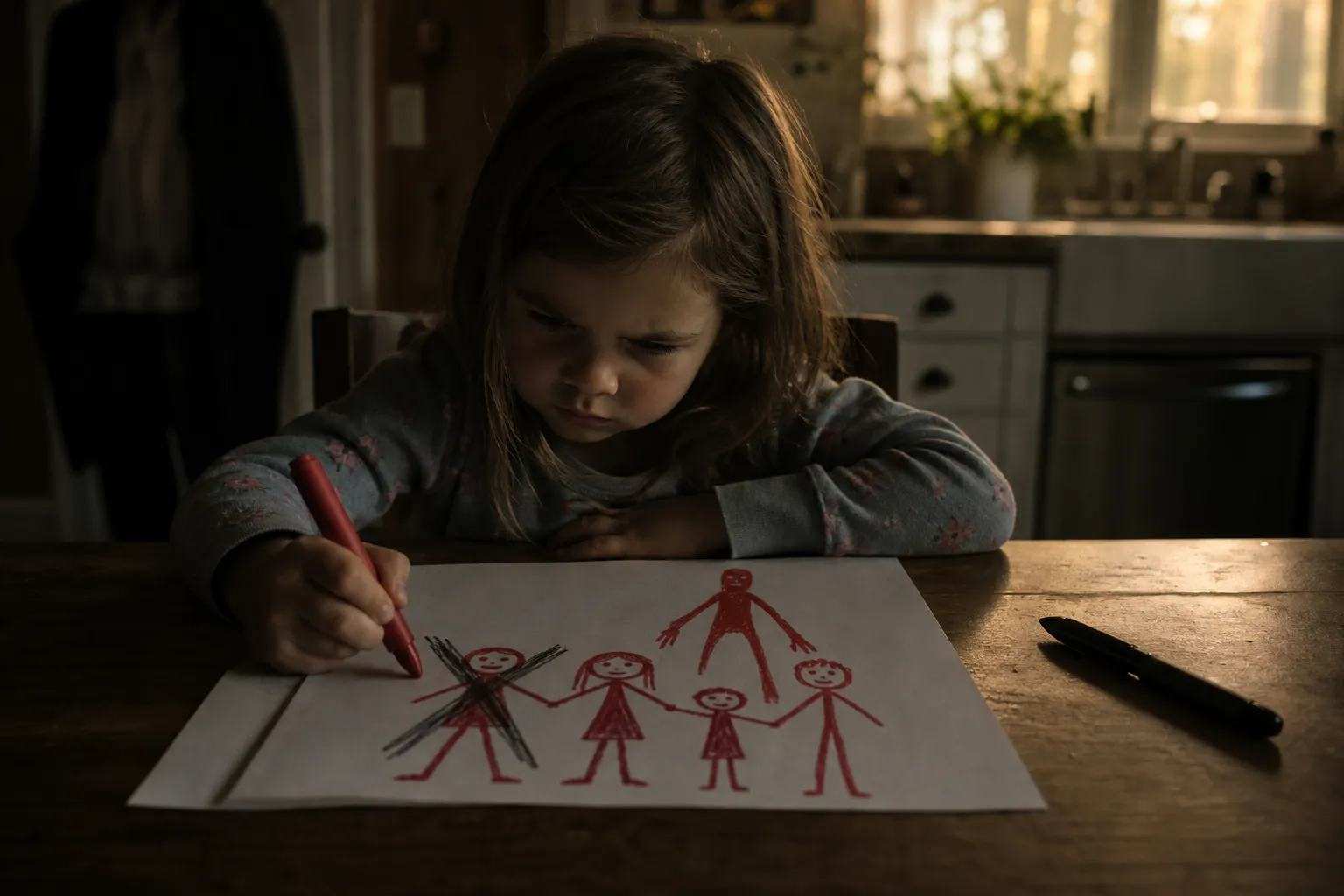Horror story idea — four-year-old girl drawing a red-crayon family portrait at the kitchen table at dawn, a black ballpoint pen beside her