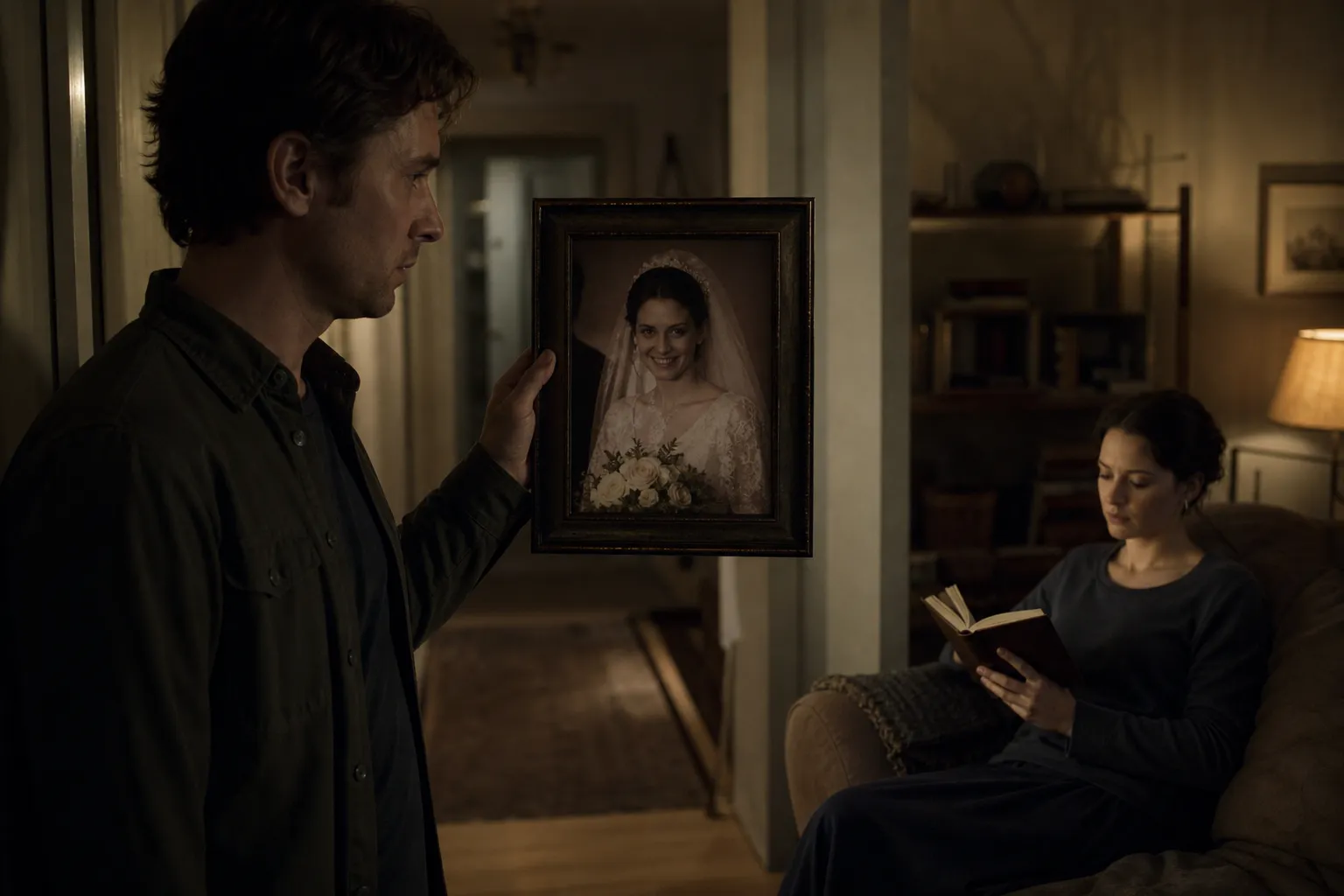 Horror story idea — husband holding a framed wedding photograph up beside his wife on the couch, the woman in the photo and the woman in real life slowly converging into one face