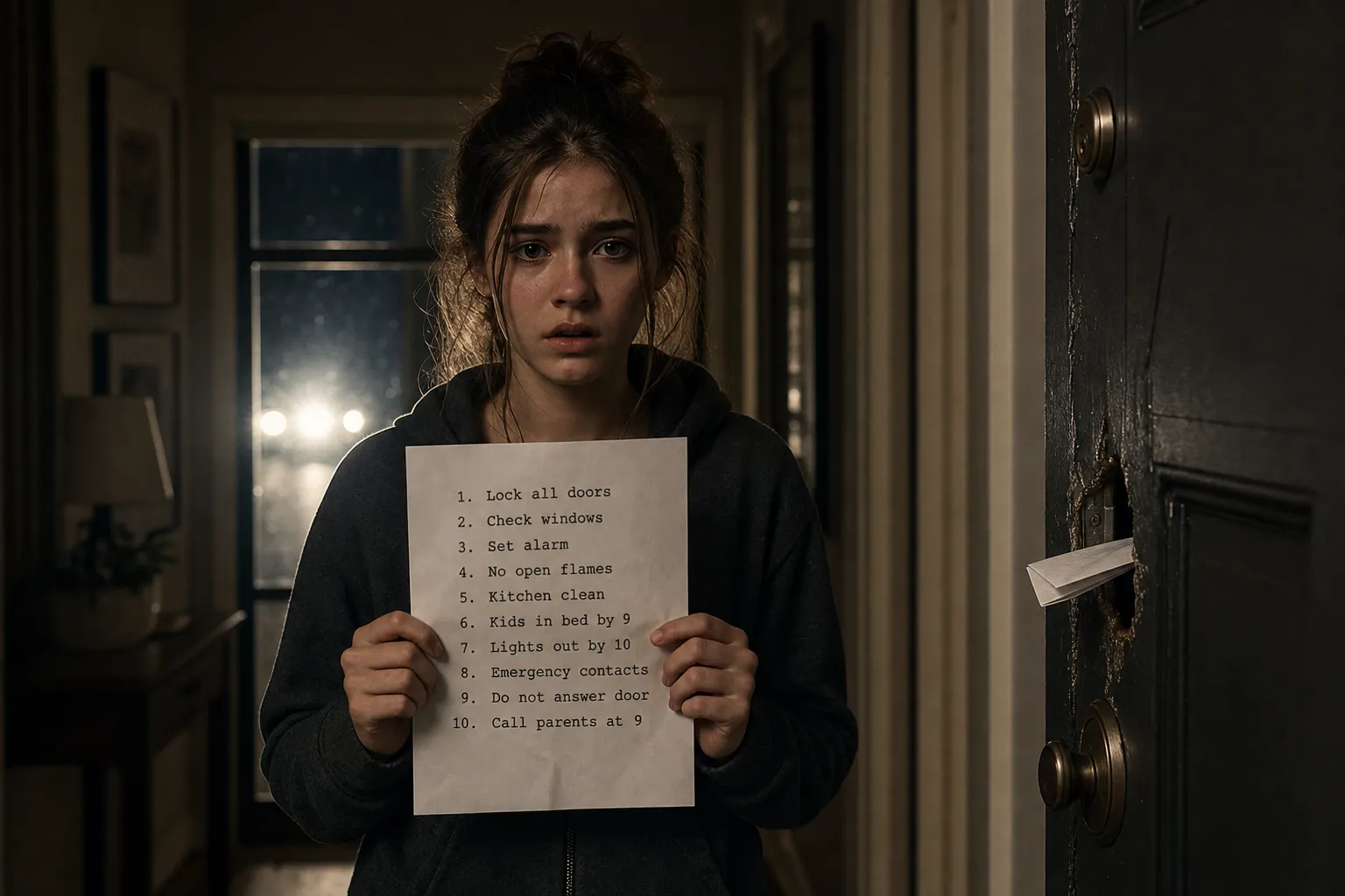 Horror story idea — teenage babysitter in a suburban hallway at 8:59 PM, holding a typed checklist, a folded paper stuck in a broken front-door deadbolt as headlights sweep across the window
