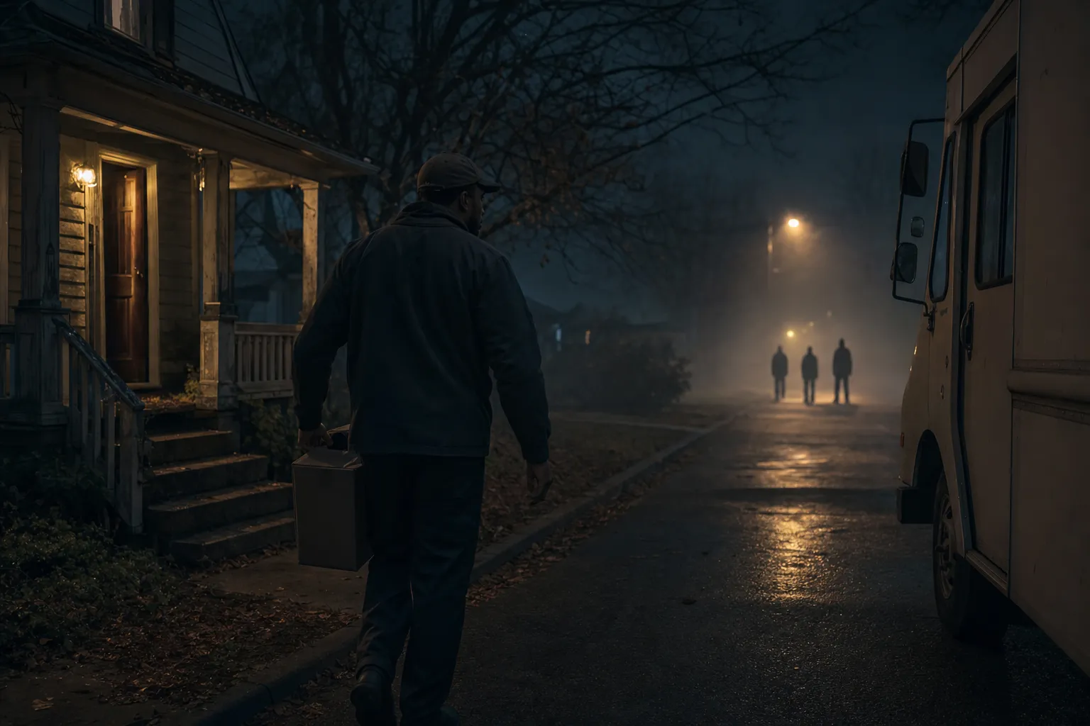 Horror story idea — foggy suburban street at dusk, lone delivery driver walking back to his truck while three silhouettes stand under amber streetlight at the far end of the road