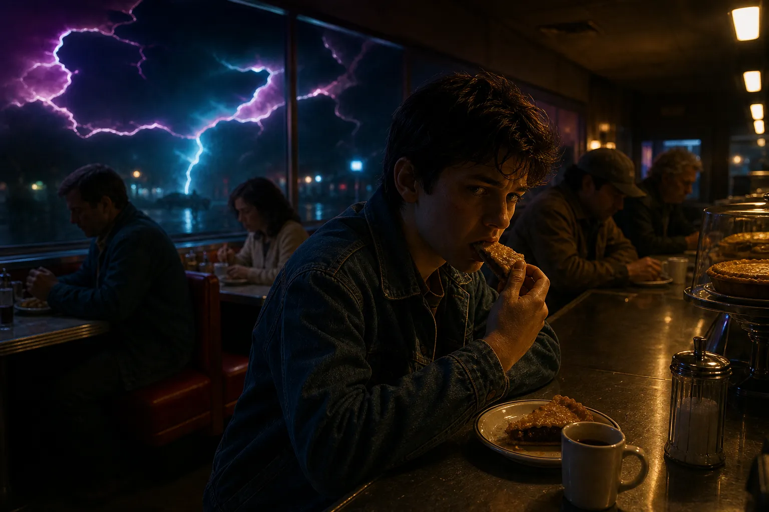 Horror story idea — teenage boy at a 1980s neon-lit roadside diner counter at 2 AM, four silent customers behind him, a purple-cyan rift in the night sky outside the window