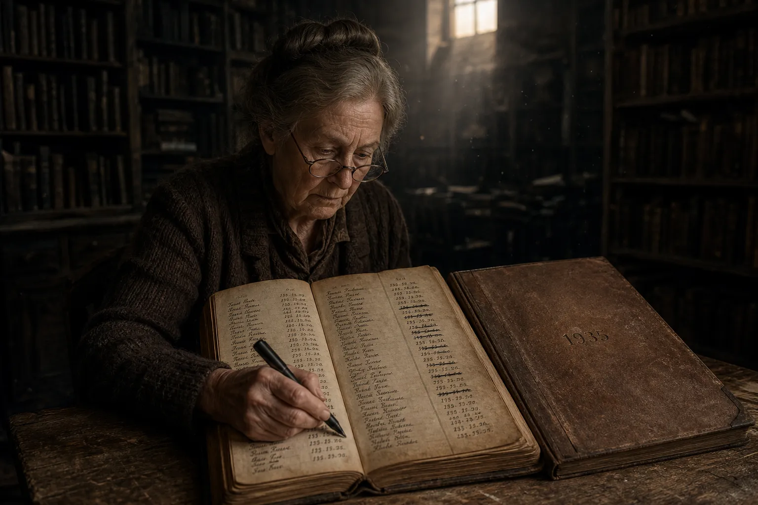 Horror story idea — retired librarian at a wooden desk in an abandoned library, an open brown leather book listing names with two date columns, a black marker about to cross out a death date