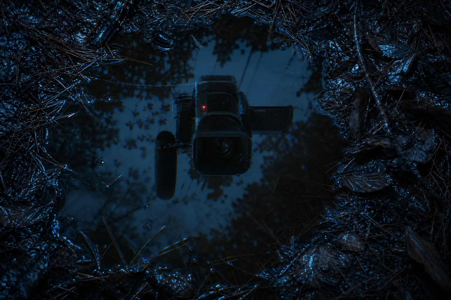 Horror story idea — extreme close-up of a still puddle on a forest floor at night, reflecting a 1998 camcorder filming downward with no hands holding it