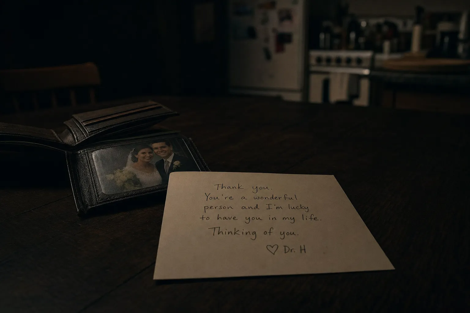 Horror story idea — a small "thinking of you" thank-you card on a dark kitchen table at night, flipped to reveal a therapist's handwriting on the back