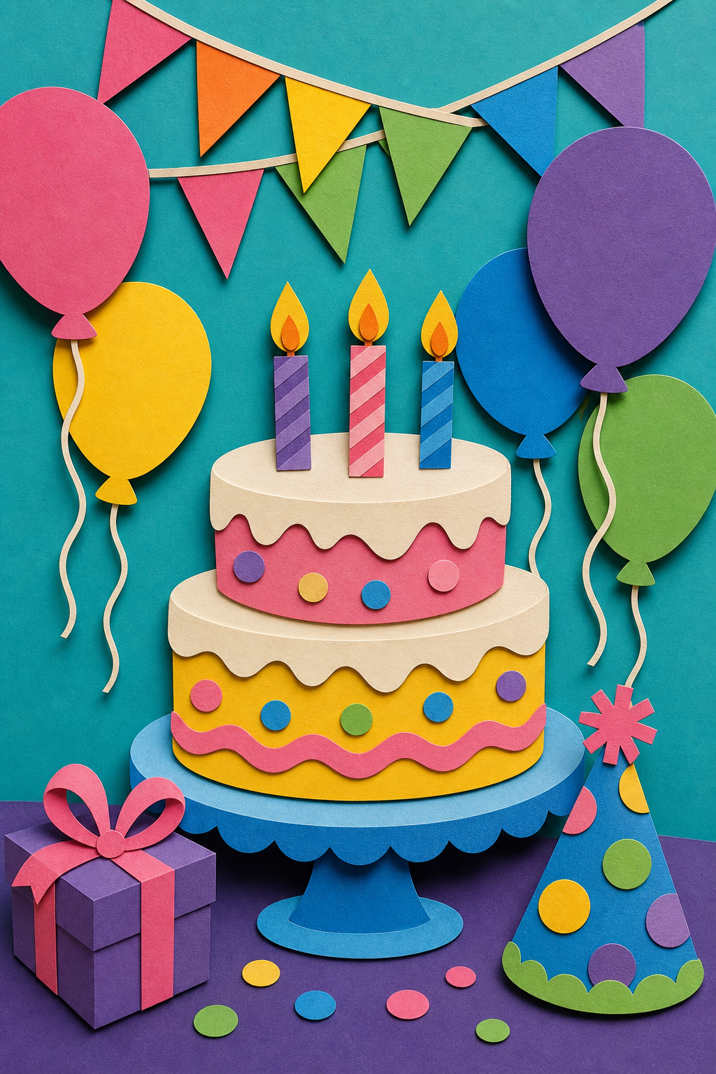 剪纸拼贴生日视频静帧,纸蛋糕、纸气球和派对横幅