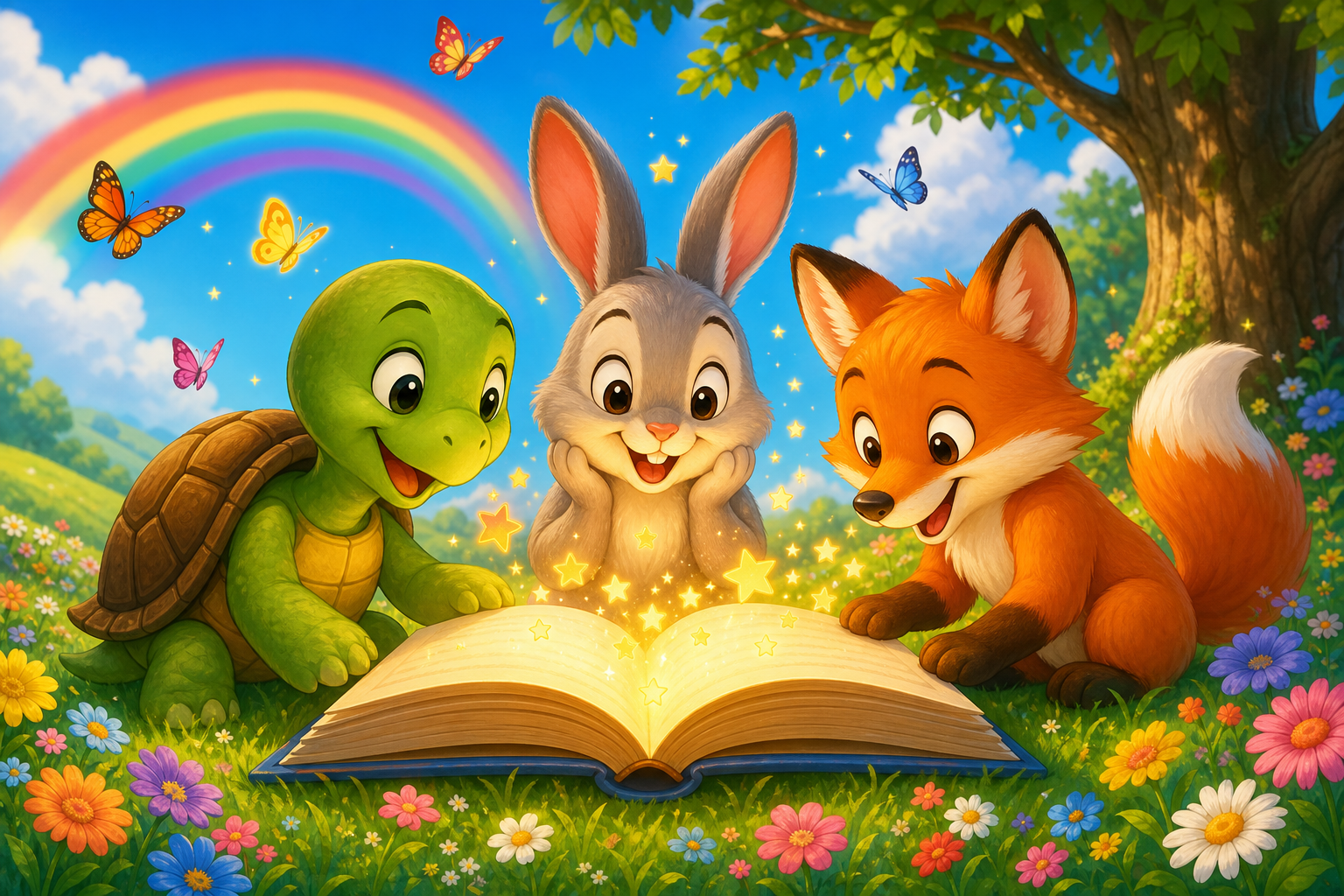 Bright, colorful kids story scene with a friendly animal hero in a sunny meadow, animated storybook style