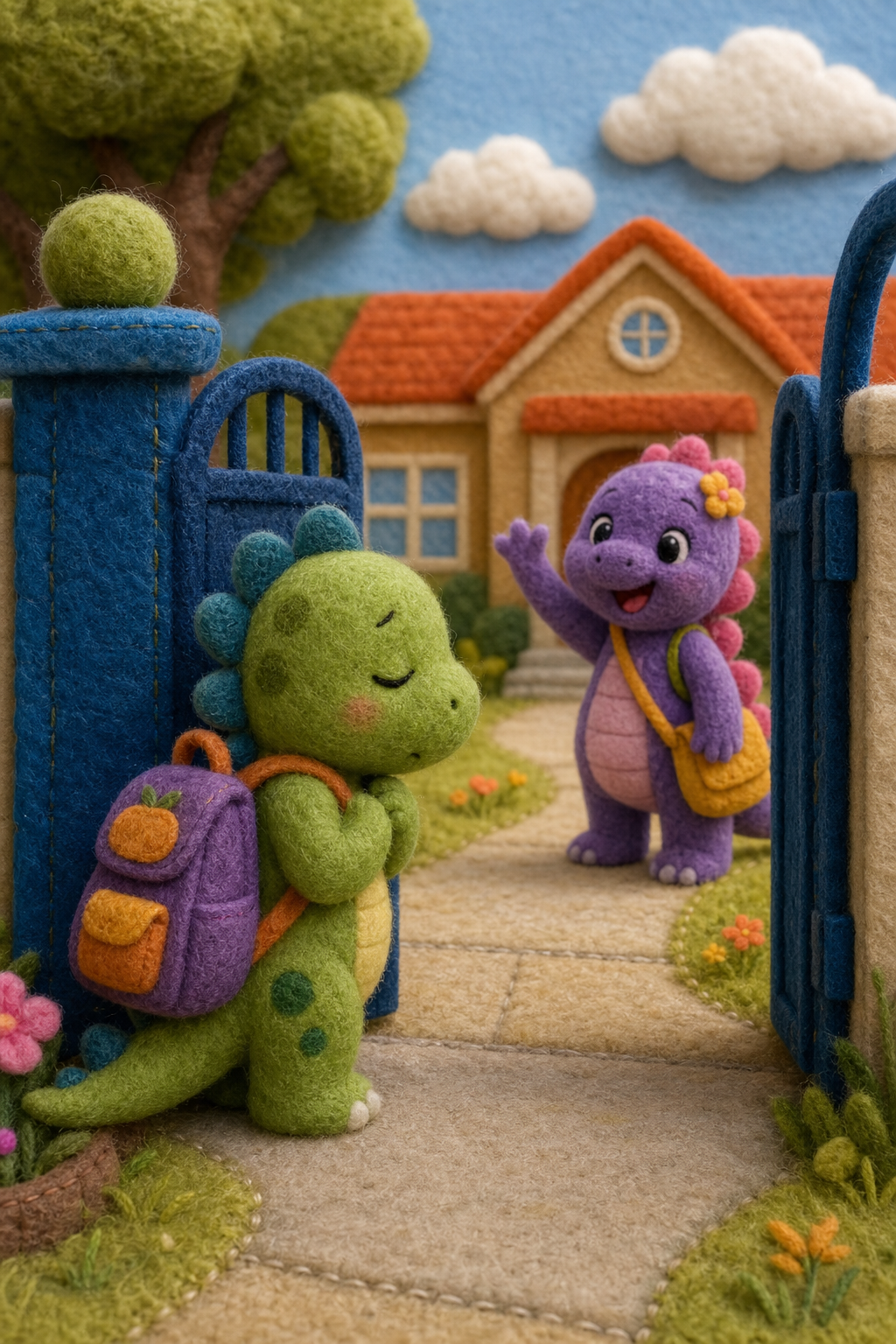 Soft felt-and-fabric kids story video still of a shy dinosaur arriving at school as a classmate waves
