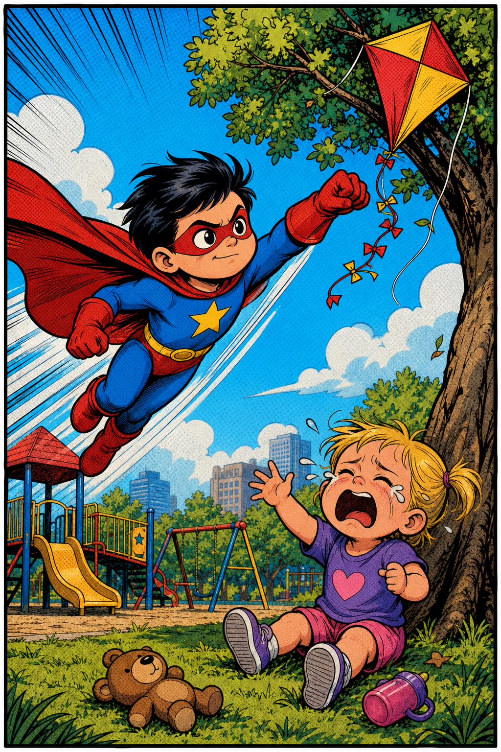 Punchy comic-cartoon kids story video still of a caped superhero kid rescuing a kite on the playground