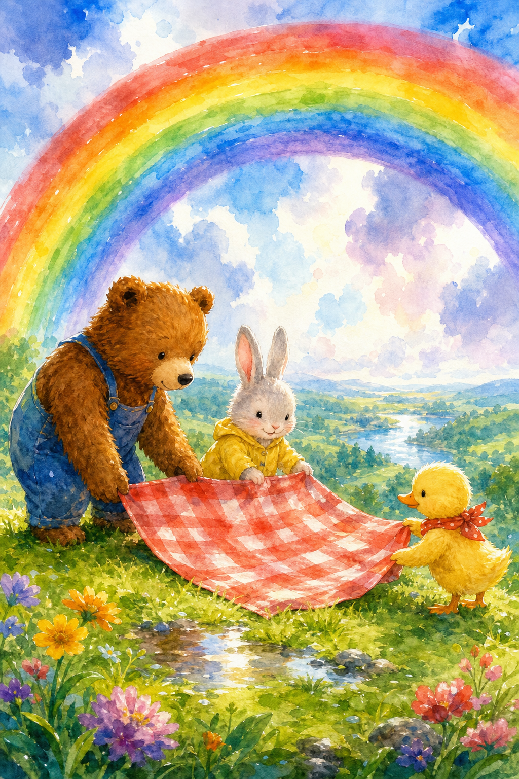Luminous bright-watercolor kids story video still of three animal friends picnicking on a hill under a rainbow