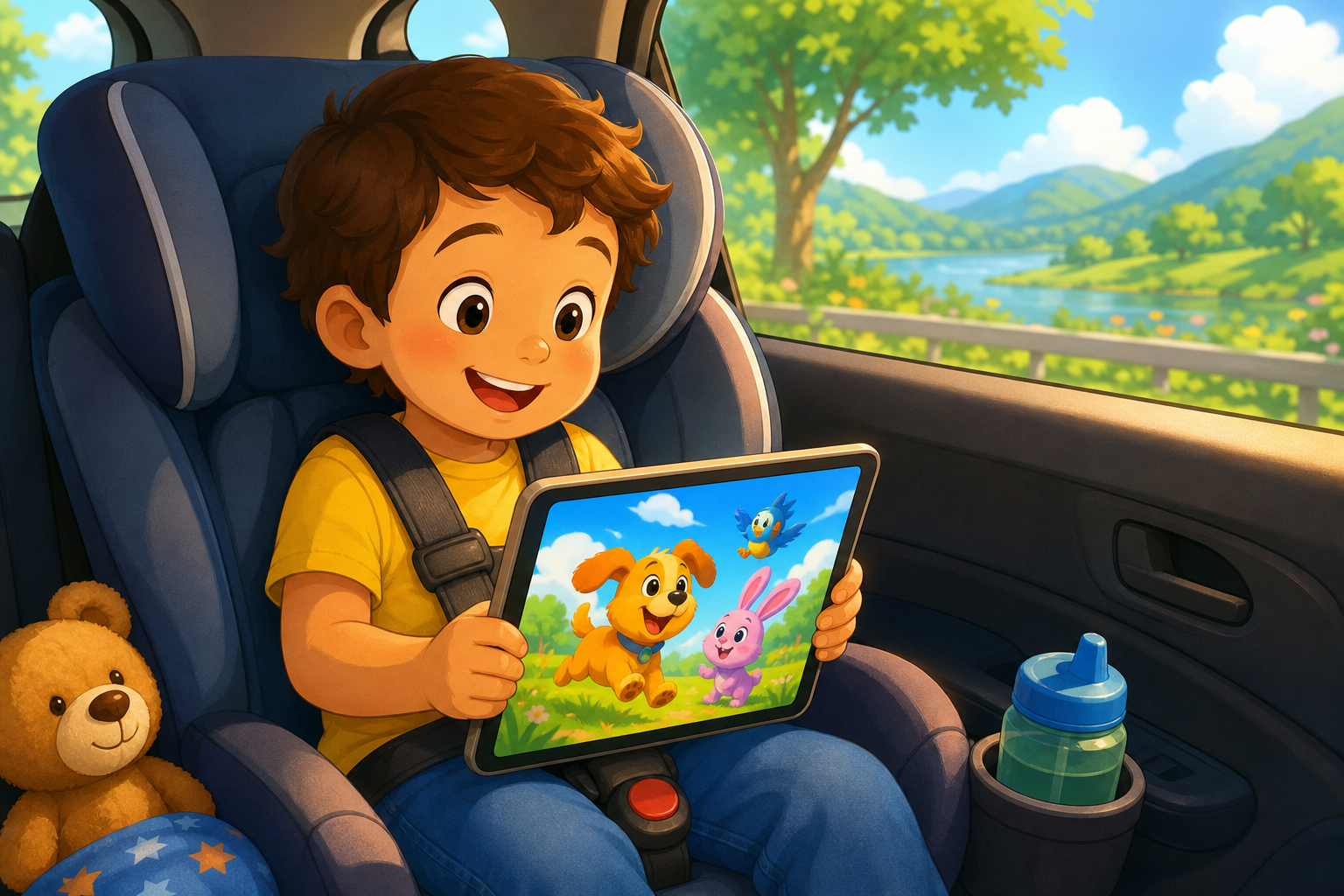Child in a car seat watching a bright animated kids story video on a tablet during a daytime trip