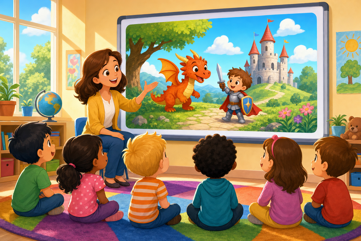 Teacher showing a colorful animated kids story video on a classroom whiteboard to young students
