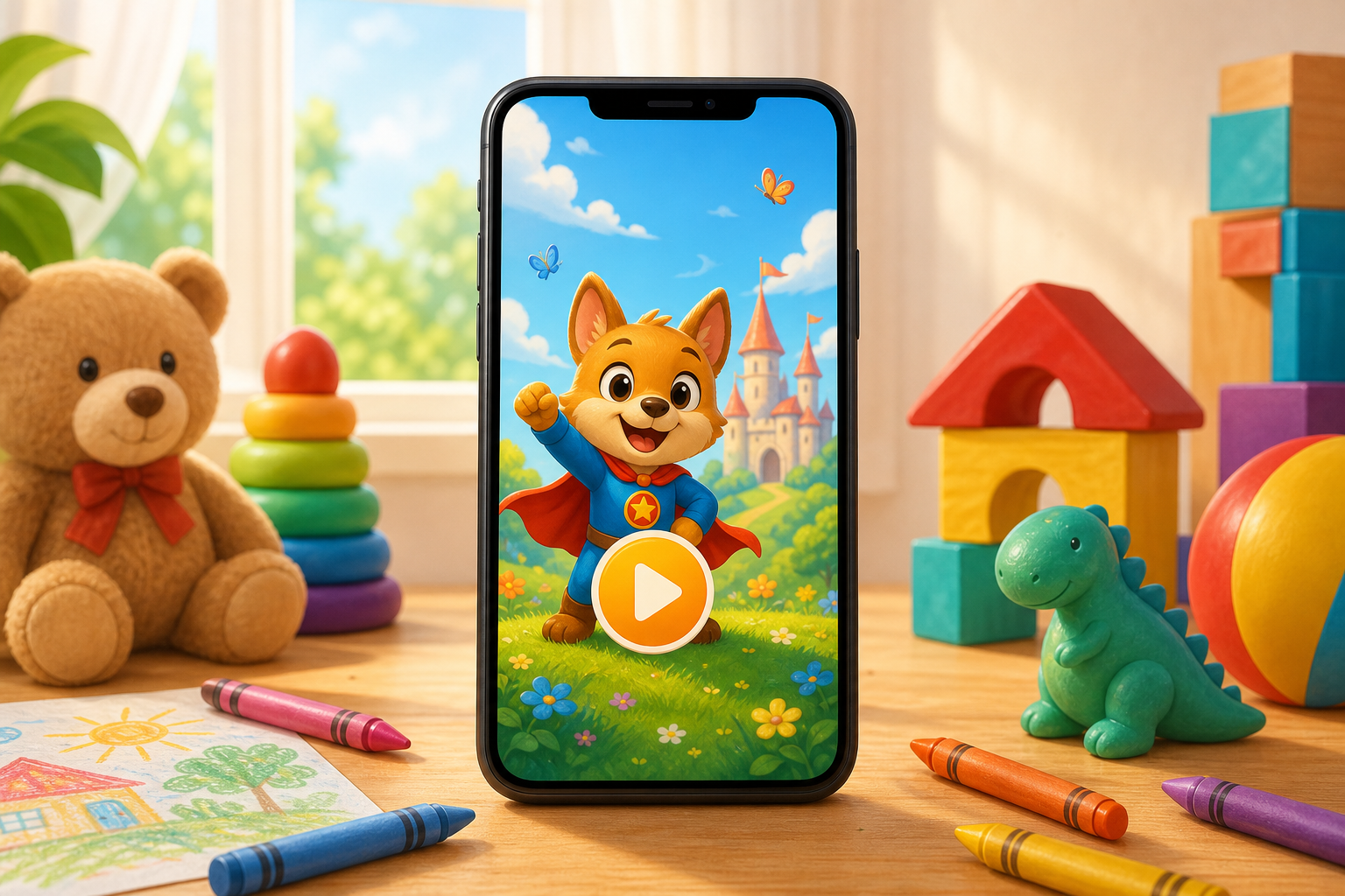 Vertical phone showing a bright AI kids story video for a YouTube Kids channel